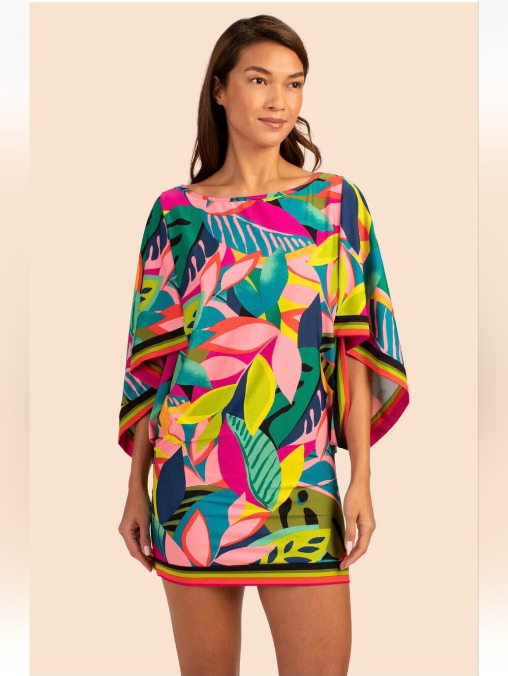 Trina Turk Neon Tropical Leaf Cover-Up Tunic - Pink Multi